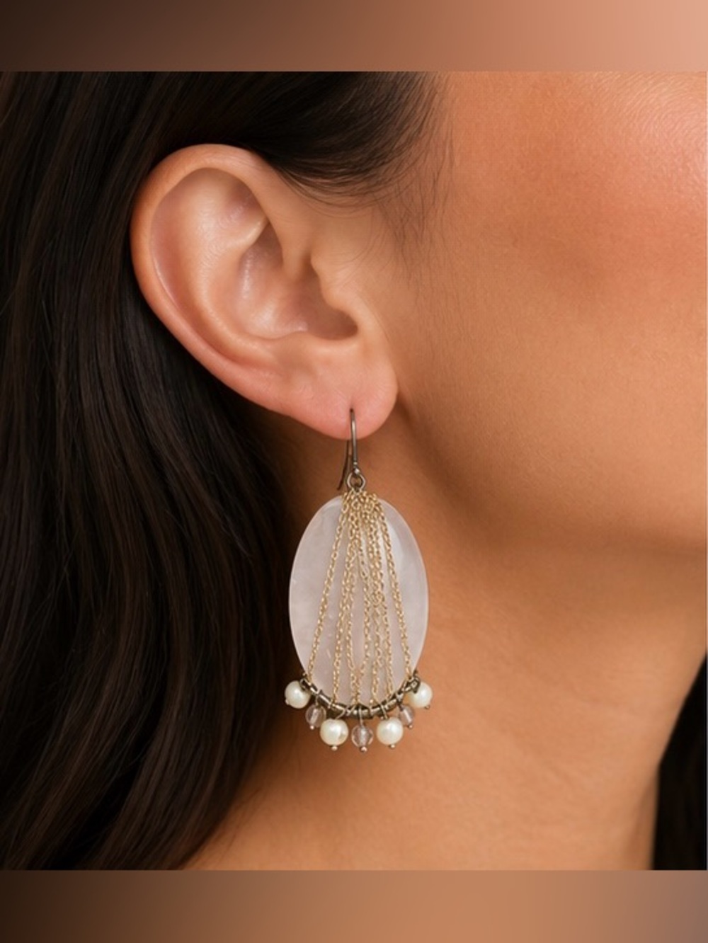 Vintage BCBG MaxAzria Oval Rose Quartz 14K Gold Chain Earrings